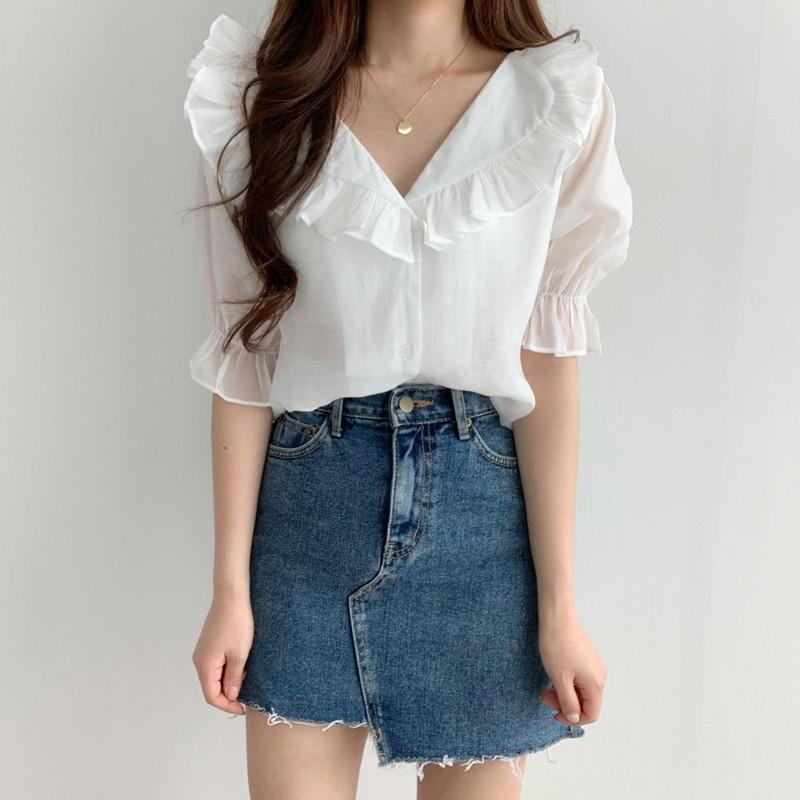 Nyári, felfújt ujjú női felsők 2023-as évjáratú V nyakú, átlátszó fodrokkal Blusa Mujer koreai alkalmi fehér lila sifonblúzok