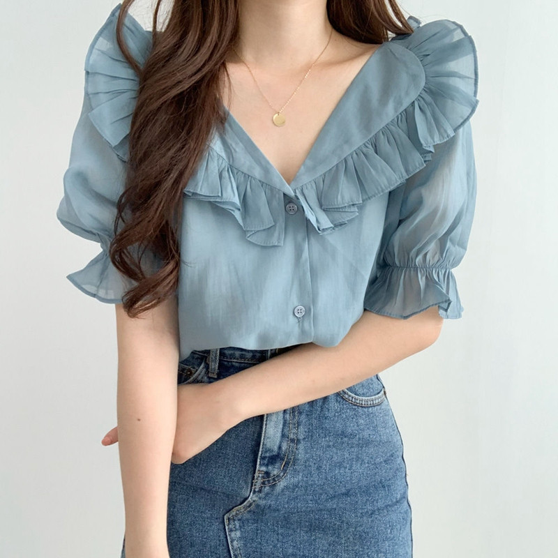 Nyári, felfújt ujjú női felsők 2023-as évjáratú V nyakú, átlátszó fodrokkal Blusa Mujer koreai alkalmi fehér lila sifonblúzok