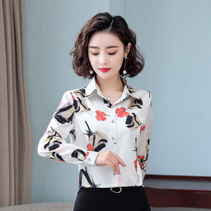 TingYiLi Vintage Satenska svilena cvjetna bluza Košulja Proljeće Jesen Ženska košulja dugih rukava Korejska uredska odjeća Elegantne ženske majice