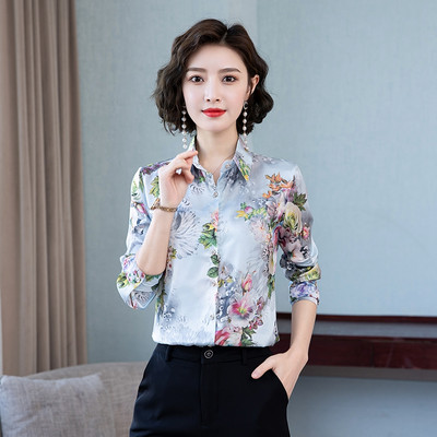 TingYiLi Vintage Satenska svilena cvjetna bluza Košulja Proljeće Jesen Ženska košulja dugih rukava Korejska uredska odjeća Elegantne ženske majice