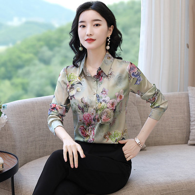 TingYiLi Vintage Satenska svilena cvjetna bluza Košulja Proljeće Jesen Ženska košulja dugih rukava Korejska uredska odjeća Elegantne ženske majice