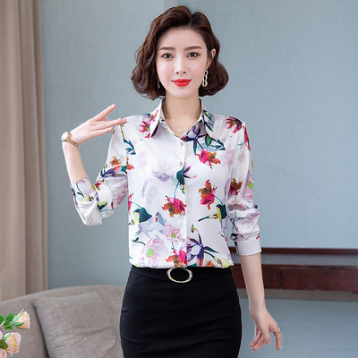 TingYiLi Vintage Satenska svilena cvjetna bluza Košulja Proljeće Jesen Ženska košulja dugih rukava Korejska uredska odjeća Elegantne ženske majice