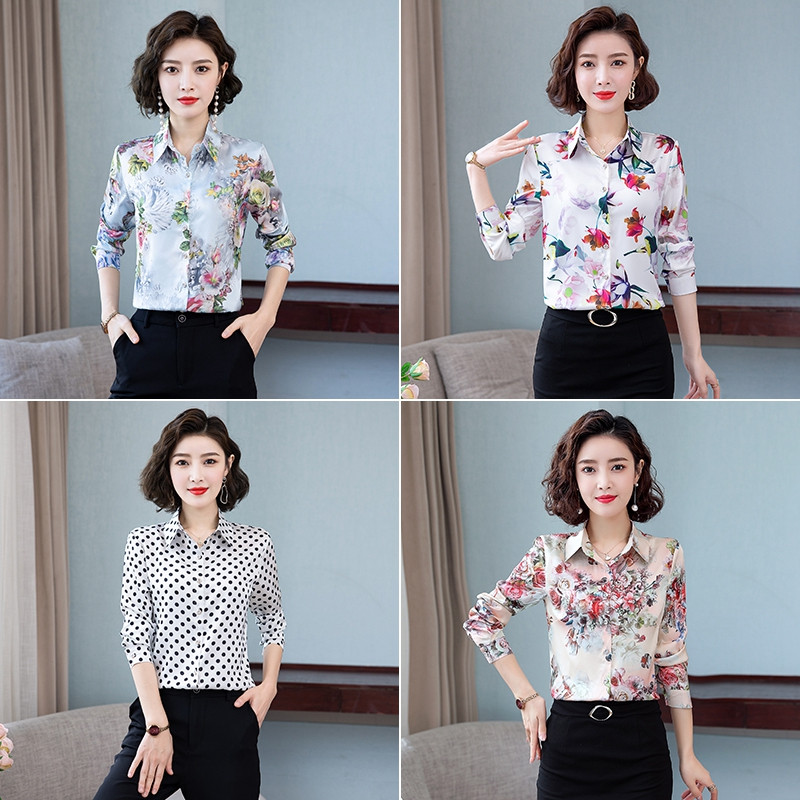 TingYiLi Vintage Satenska svilena cvjetna bluza Košulja Proljeće Jesen Ženska košulja dugih rukava Korejska uredska odjeća Elegantne ženske majice