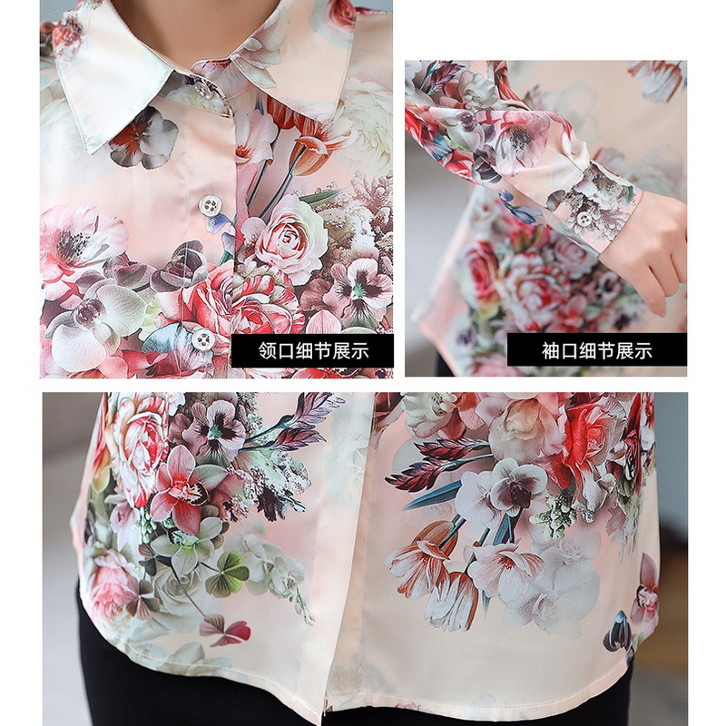 TingYiLi Vintage Satenska svilena cvjetna bluza Košulja Proljeće Jesen Ženska košulja dugih rukava Korejska uredska odjeća Elegantne ženske majice