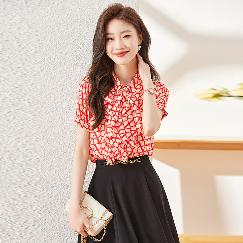 NAVIU Elegant női fodros ing Új nyári temperamentum rövid ujjú karcsú sifonblúzok irodai női munkafedők