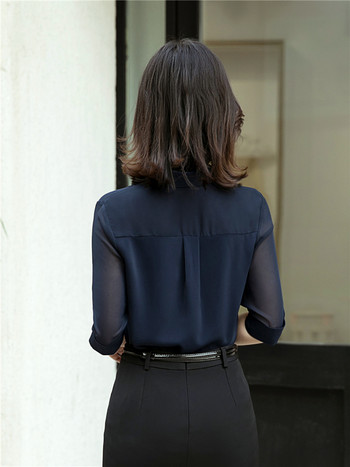 Дамска блуза Риза с половин ръкав Шифон синьо Лято 2021 Модни прозрачни женски елегантни офис дамски работни горнища с голям размер
