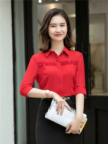 Дамска блуза Риза с половин ръкав Шифон синьо Лято 2021 Модни прозрачни женски елегантни офис дамски работни горнища с голям размер