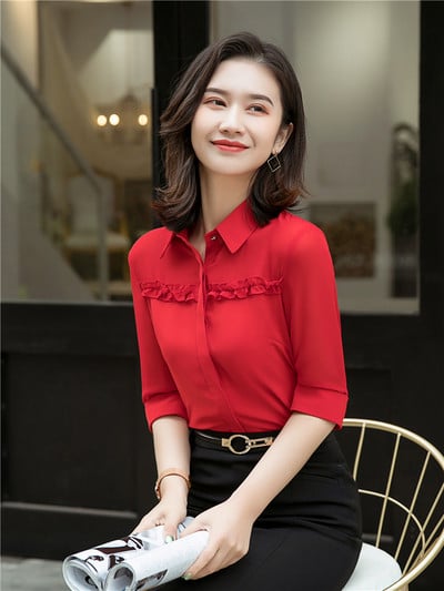 Női blúz félujjú ing Chiffon blus 2021. nyár divat Átlátszó női, elegáns irodai női nagy méretű munkalapok