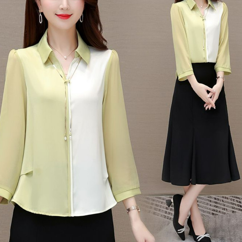 Moodsad vintage kontrastsed naiste särgid Prantsuse kevadsuvi uus kontor Daami pikkade varrukatega õhukesed mitmekülgsed kardiganid vabaaja pluusid