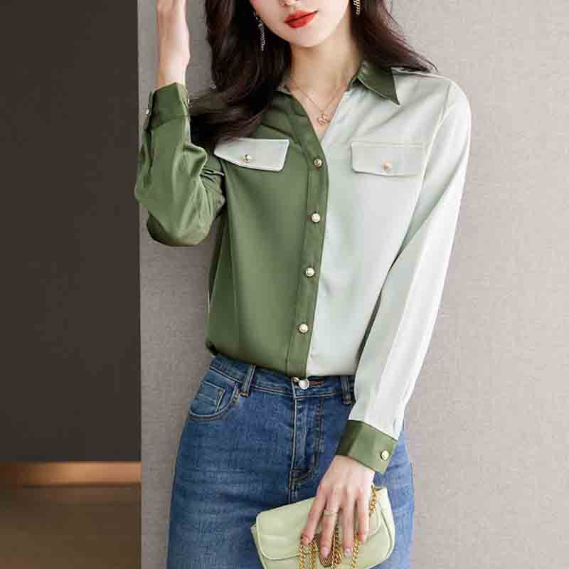 Kontori Daami Korea rõivad Mood pikkade varrukatega šifoonsärk Kevadsuvi Naiste vabaaja mitmekülgne kontrastvärvi šikk pluus