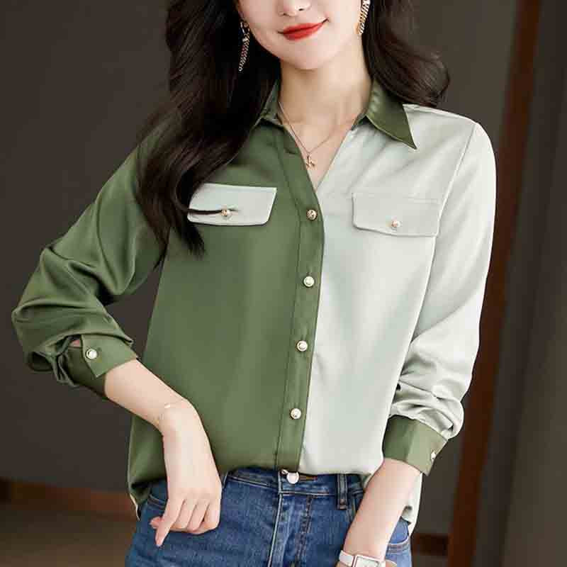 Kontori Daami Korea rõivad Mood pikkade varrukatega šifoonsärk Kevadsuvi Naiste vabaaja mitmekülgne kontrastvärvi šikk pluus