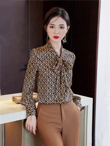 Винтидж блуза с дълъг ръкав за жени Ежедневна риза с щампи Oversize Корейска мода Панделка Топ Нова пролет лято есен 2024 г.