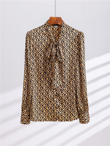Винтидж блуза с дълъг ръкав за жени Ежедневна риза с щампи Oversize Корейска мода Панделка Топ Нова пролет лято есен 2024 г.