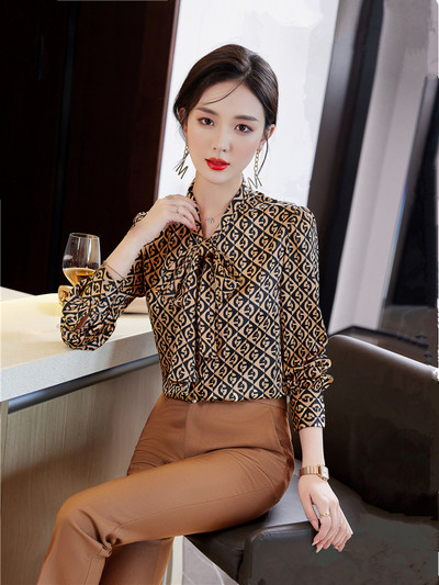 Vintage hosszú ujjú női blúz alkalmi nyomtatott ing túlméretezett koreai divatos masnis szalag felső új tavaszi nyár ősz 2024