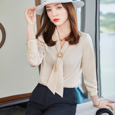 Naiste üherealine nööpÜhevärviline V-kraega ülaosa Elegantne khakivärvi pluus Kontorirõivad Naiste töörõivad kevad-sügis