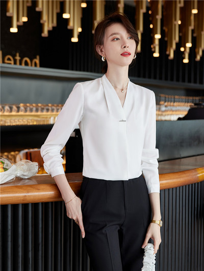 Sieviešu blūze ar garām piedurknēm ar V veida kakla izgriezumu Modes ar garām piedurknēm traipu Elegants biroja darba krekls Zaļie topi Ikdienišķa blūze Monohromatiska