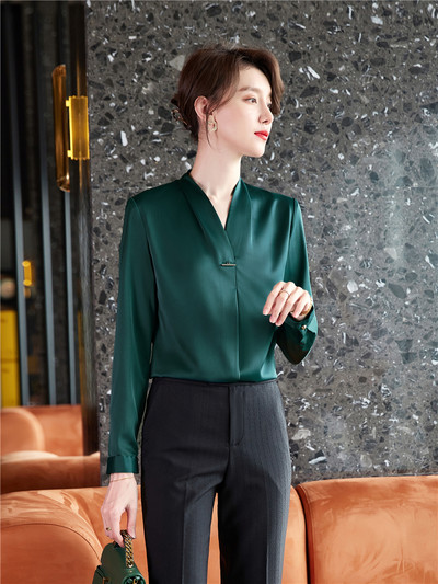 Sieviešu blūze ar garām piedurknēm ar V veida kakla izgriezumu Modes ar garām piedurknēm traipu Elegants biroja darba krekls Zaļie topi Ikdienišķa blūze Monohromatiska