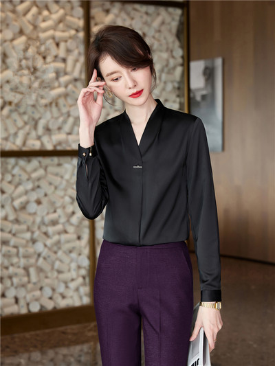 Sieviešu blūze ar garām piedurknēm ar V veida kakla izgriezumu Modes ar garām piedurknēm traipu Elegants biroja darba krekls Zaļie topi Ikdienišķa blūze Monohromatiska