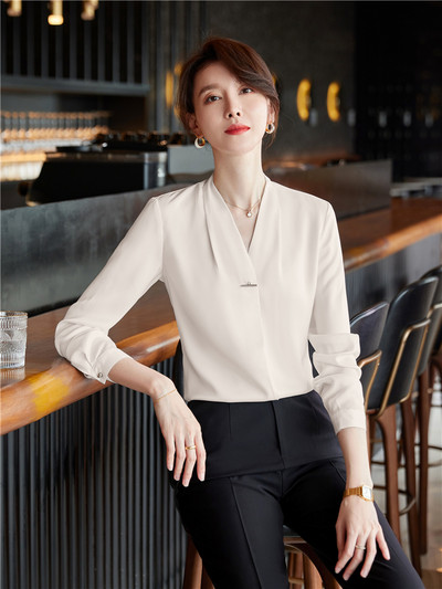 Sieviešu blūze ar garām piedurknēm ar V veida kakla izgriezumu Modes ar garām piedurknēm traipu Elegants biroja darba krekls Zaļie topi Ikdienišķa blūze Monohromatiska