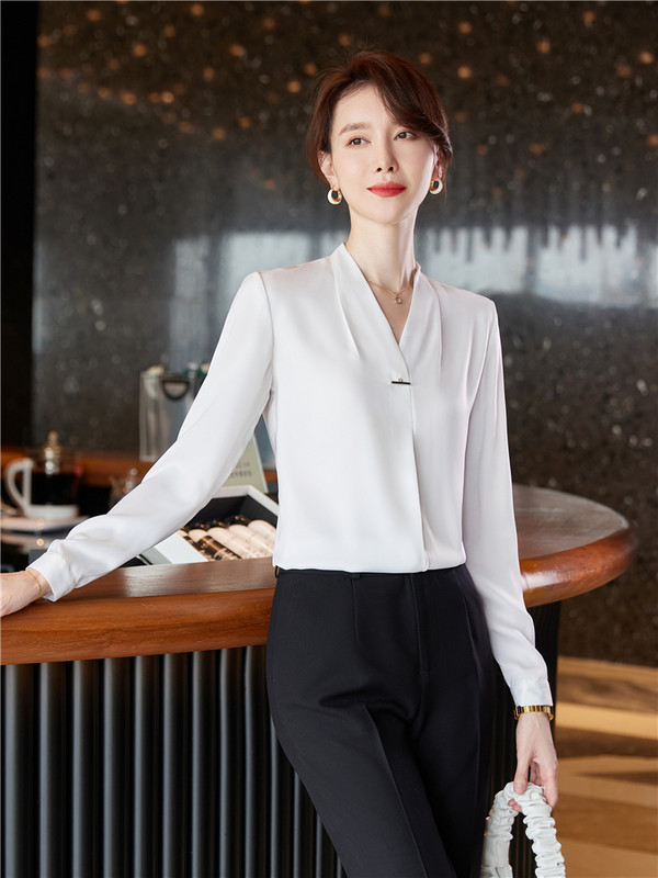 Sieviešu blūze ar garām piedurknēm ar V veida kakla izgriezumu Modes ar garām piedurknēm traipu Elegants biroja darba krekls Zaļie topi Ikdienišķa blūze Monohromatiska