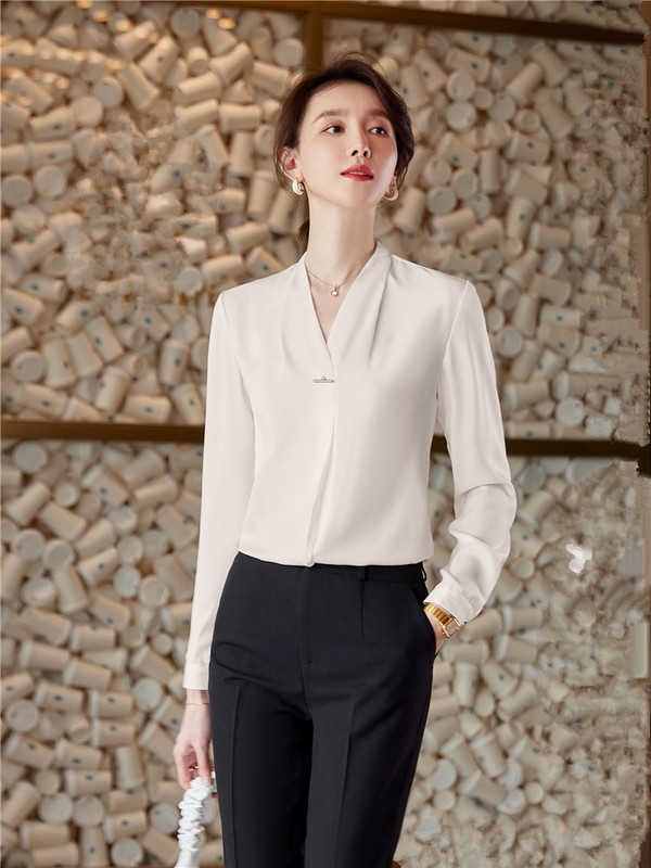 Sieviešu blūze ar garām piedurknēm ar V veida kakla izgriezumu Modes ar garām piedurknēm traipu Elegants biroja darba krekls Zaļie topi Ikdienišķa blūze Monohromatiska