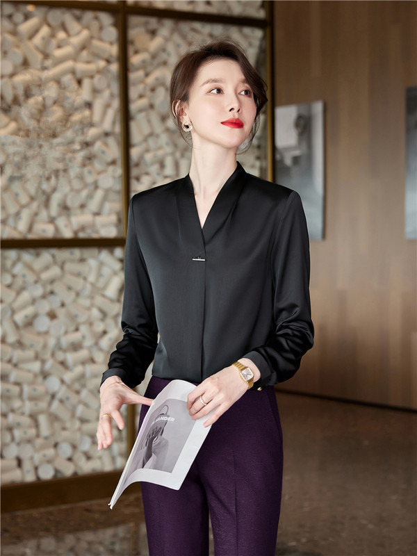 Sieviešu blūze ar garām piedurknēm ar V veida kakla izgriezumu Modes ar garām piedurknēm traipu Elegants biroja darba krekls Zaļie topi Ikdienišķa blūze Monohromatiska