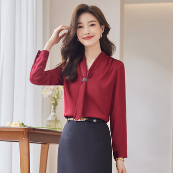Виненочервена риза NAVIU Дамска нова 2023 Есенен темперамент с V-образно деколте, модна вратовръзка, официални блузи, работни блузи за офис дами, бели