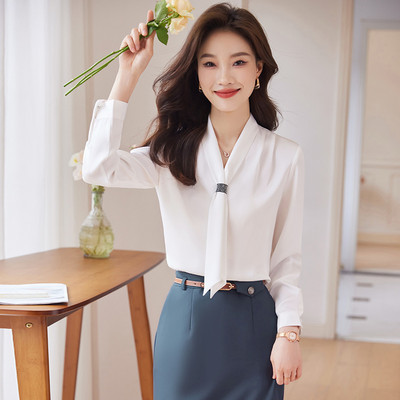 NAVIU bor vörös ing női új 2023 őszi temperamentum V nyakú divatos nyakkendő formális blúzok irodai női munkalapok fehér