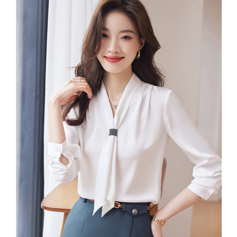 NAVIU bor vörös ing női új 2023 őszi temperamentum V nyakú divatos nyakkendő formális blúzok irodai női munkalapok fehér