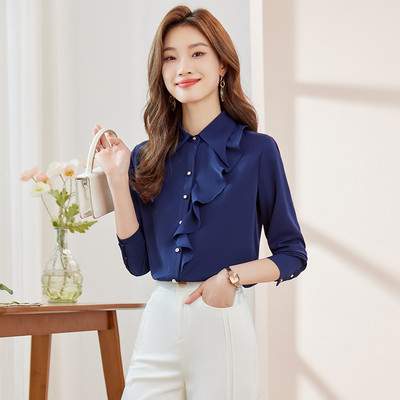 NAVIU tumesinine volangidega särk naistele, uus 2023. aasta sügisene temperament, elegantsed pikkade varrukatega pluusid, kontorinaised, valged valged