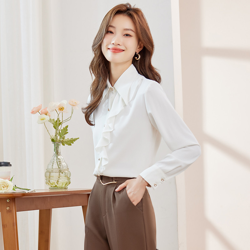 NAVIU tumesinine volangidega särk naistele, uus 2023. aasta sügisene temperament, elegantsed pikkade varrukatega pluusid, kontorinaised, valged valged