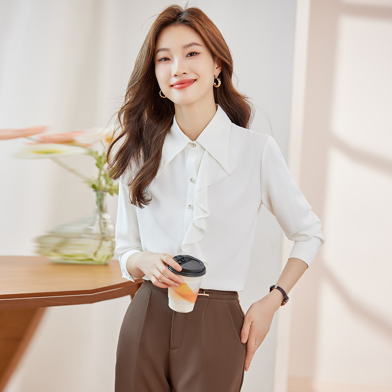 NAVIU tumesinine volangidega särk naistele, uus 2023. aasta sügisene temperament, elegantsed pikkade varrukatega pluusid, kontorinaised, valged valged