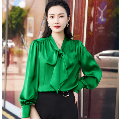 Zöld ing, női masni design 2022, új divat temperamentum laza formális szatén blúzok irodai női munkaruhák felsők fehér