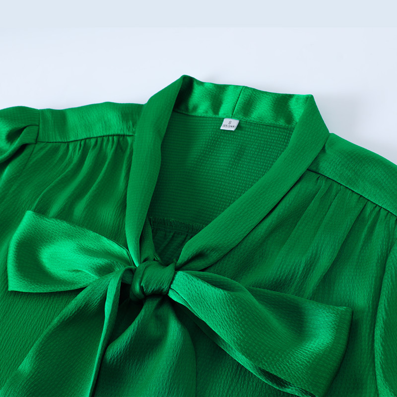 Zöld ing, női masni design 2022, új divat temperamentum laza formális szatén blúzok irodai női munkaruhák felsők fehér