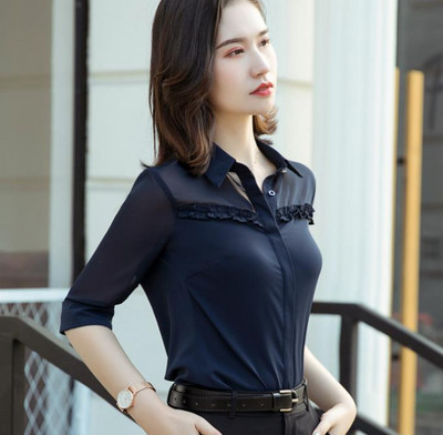 Sieviešu krekls ar puspiedurknēm Sieviešu šifons vasaras blūzes Jaunas modes temperamenta formālas blūzes Biroja sieviešu darba topi