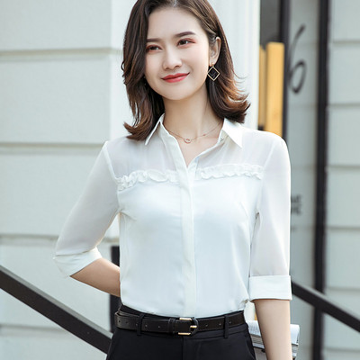 Sieviešu krekls ar puspiedurknēm Sieviešu šifons vasaras blūzes Jaunas modes temperamenta formālas blūzes Biroja sieviešu darba topi