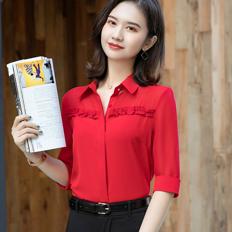 Sieviešu krekls ar puspiedurknēm Sieviešu šifons vasaras blūzes Jaunas modes temperamenta formālas blūzes Biroja sieviešu darba topi