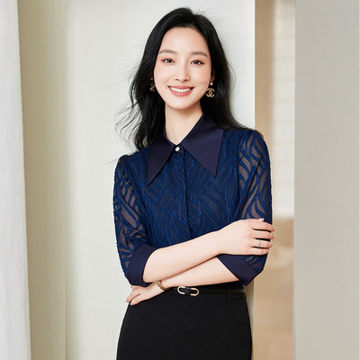 NAVIU Elegantna tamnoplava šifonska košulja proljeće ljeto Modna bluza Novi korejski stil s otvorenim ovratnikom Jednobojno sranje za žene