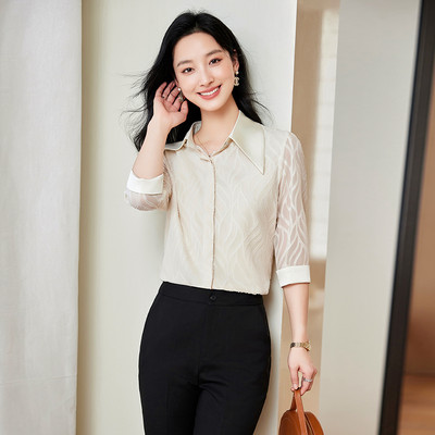 NAVIU Elegantna tamnoplava šifonska košulja proljeće ljeto Modna bluza Novi korejski stil s otvorenim ovratnikom Jednobojno sranje za žene