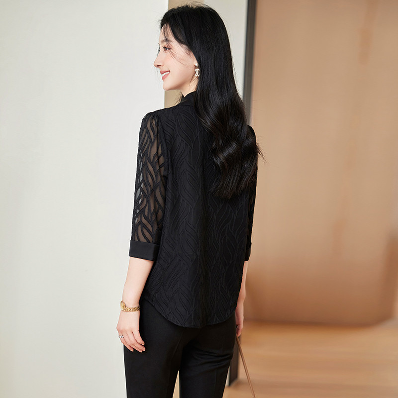 NAVIU Elegantna tamnoplava šifonska košulja proljeće ljeto Modna bluza Novi korejski stil s otvorenim ovratnikom Jednobojno sranje za žene