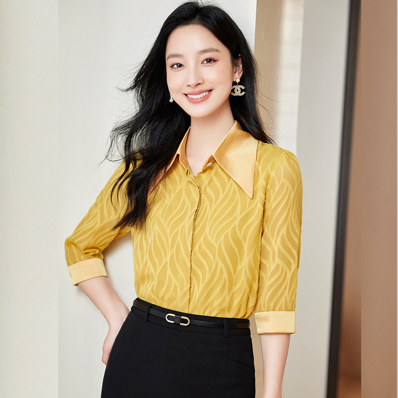 NAVIU Elegantna tamnoplava šifonska košulja proljeće ljeto Modna bluza Novi korejski stil s otvorenim ovratnikom Jednobojno sranje za žene