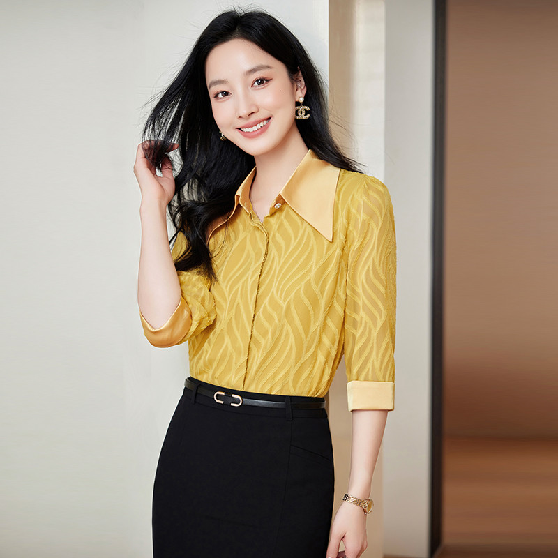 NAVIU Elegantna tamnoplava šifonska košulja proljeće ljeto Modna bluza Novi korejski stil s otvorenim ovratnikom Jednobojno sranje za žene