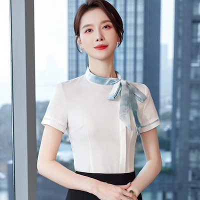 NAVIU sieviešu tauriņa blūzes Modes pavasara blūzes ar īsām piedurknēm Formāla stila sieviešu biroja krekls Elegants dizains darba apģērbs