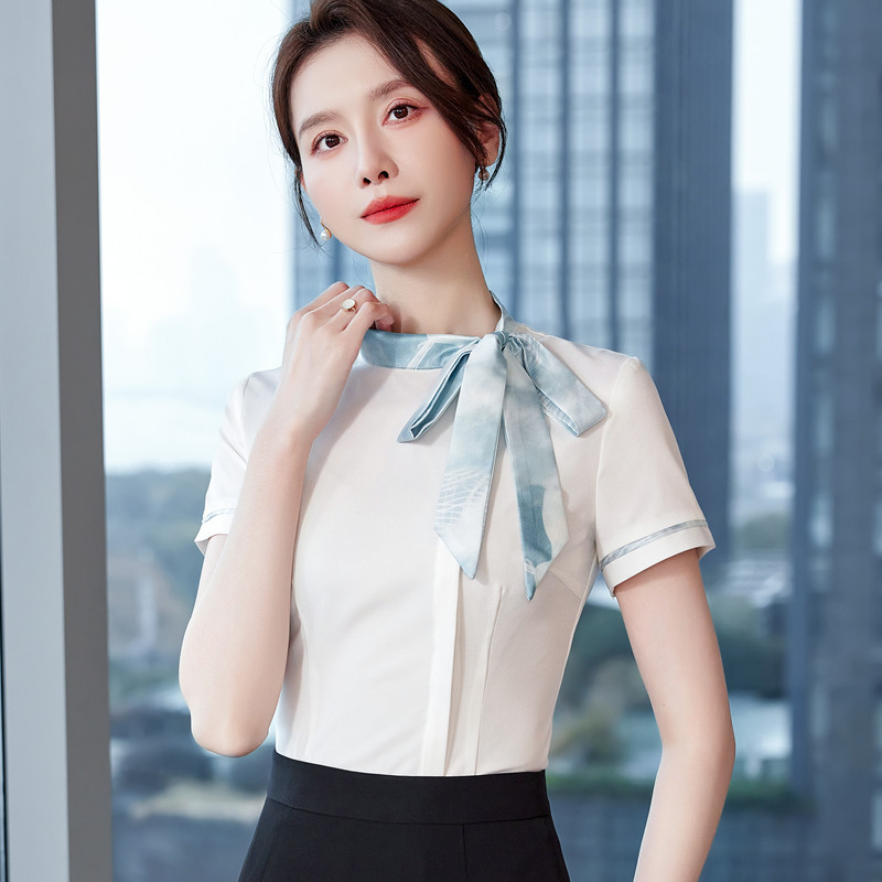 NAVIU sieviešu tauriņa blūzes Modes pavasara blūzes ar īsām piedurknēm Formāla stila sieviešu biroja krekls Elegants dizains darba apģērbs