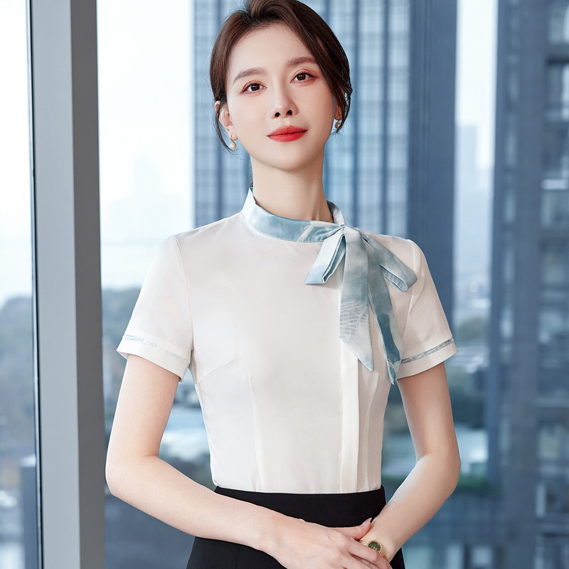 NAVIU sieviešu tauriņa blūzes Modes pavasara blūzes ar īsām piedurknēm Formāla stila sieviešu biroja krekls Elegants dizains darba apģērbs