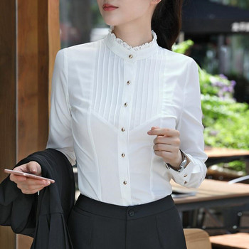 Пролетна мода Дамско облекло Бели блузи с дълъг ръкав Официална тънка дантелена яка с шифонова риза Офис дамски топове