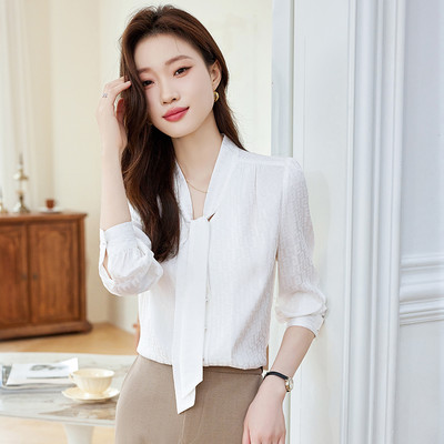 NAVIU elegáns női ing, új, 2023-as őszi temperamentum V nyakú csokornyakkendő sifon formális blúzok irodai női felsők fehér