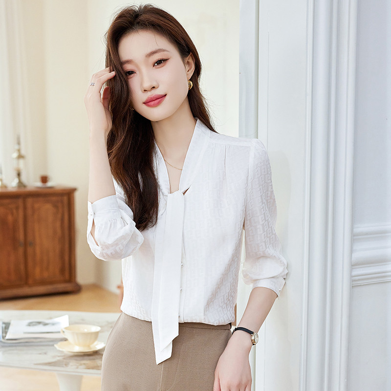 NAVIU elegáns női ing, új, 2023-as őszi temperamentum V nyakú csokornyakkendő sifon formális blúzok irodai női felsők fehér