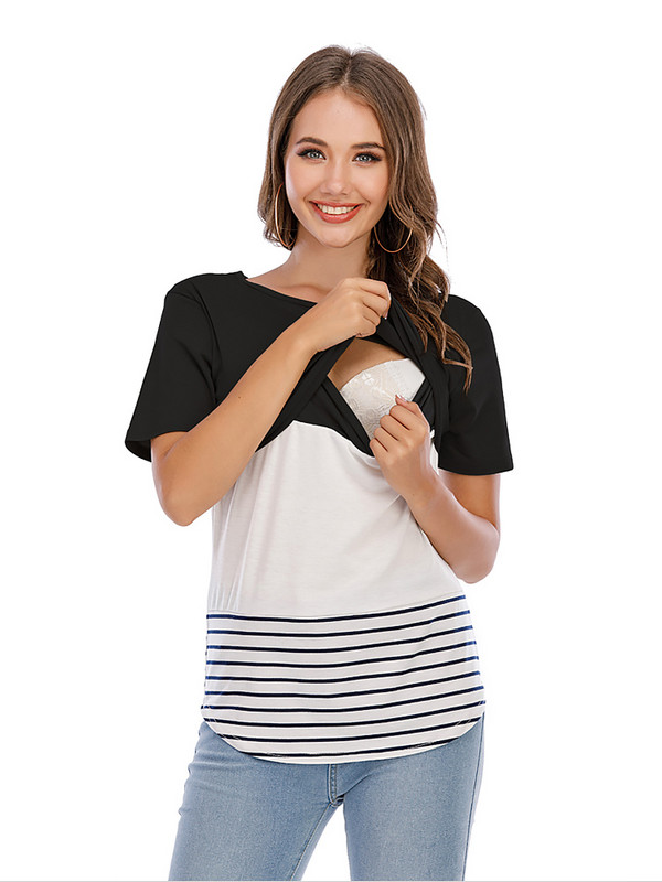 Grūtniecēm T-krekli Barojošām Grūtniecēm ar O veida kakla izgriezumu ar garām piedurknēm Svītras Apdrukas Topi Zīdīšanas Top T-krekls Mātes Mujer