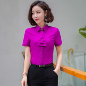 Női irodai viselet Blúzok Elegáns Rózsa Nyári Rövid ujjú Blúz Ingek Női OL Stílusok Munkaruházat Felsők Női ruhák